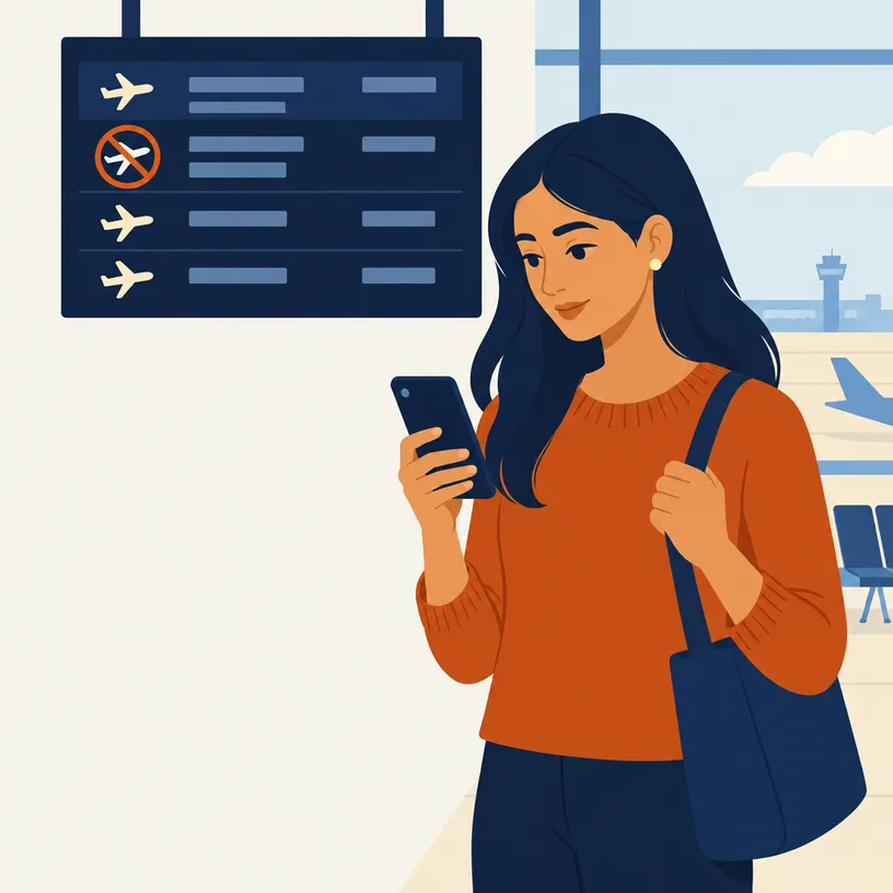 A traveller checks her phone beside a cancelled-flight symbol at an airport.