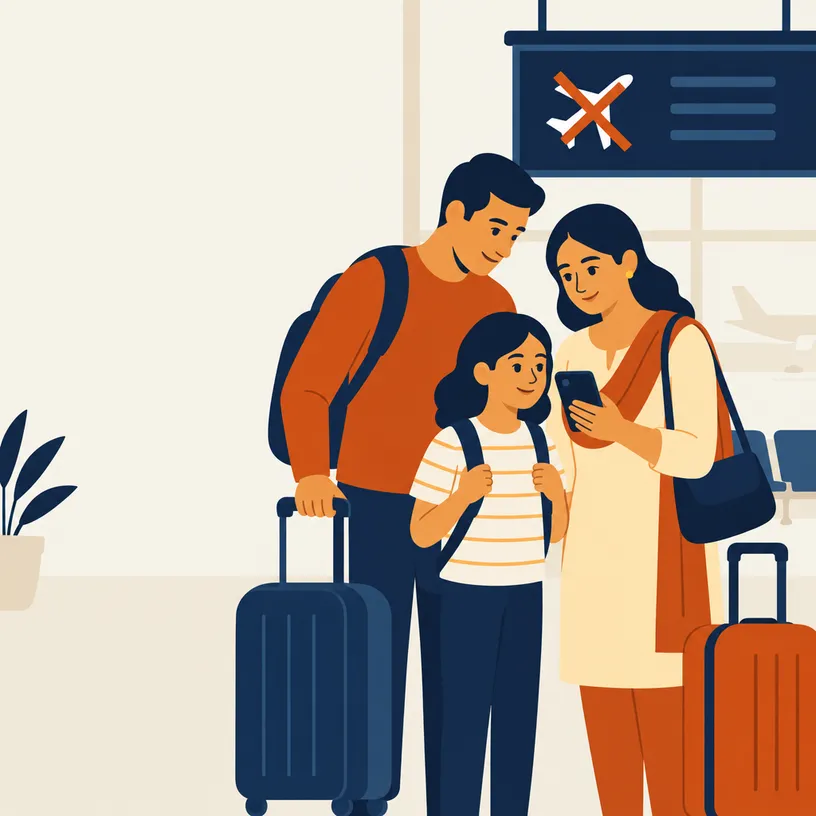 A family checks a travel update together beside their bags.