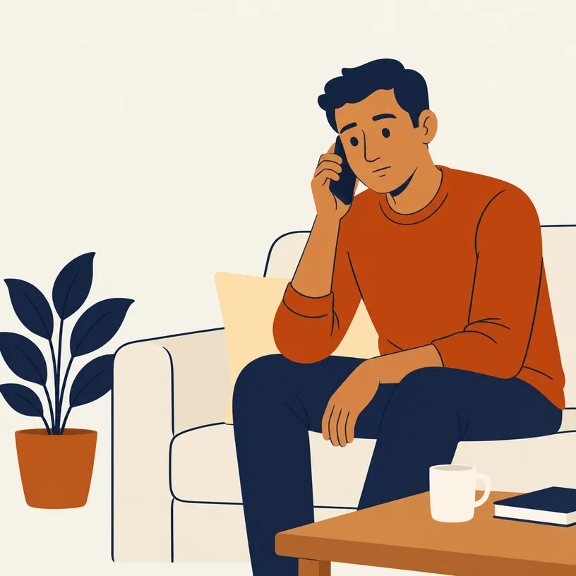 A traveller waits on hold with customer care at home.
